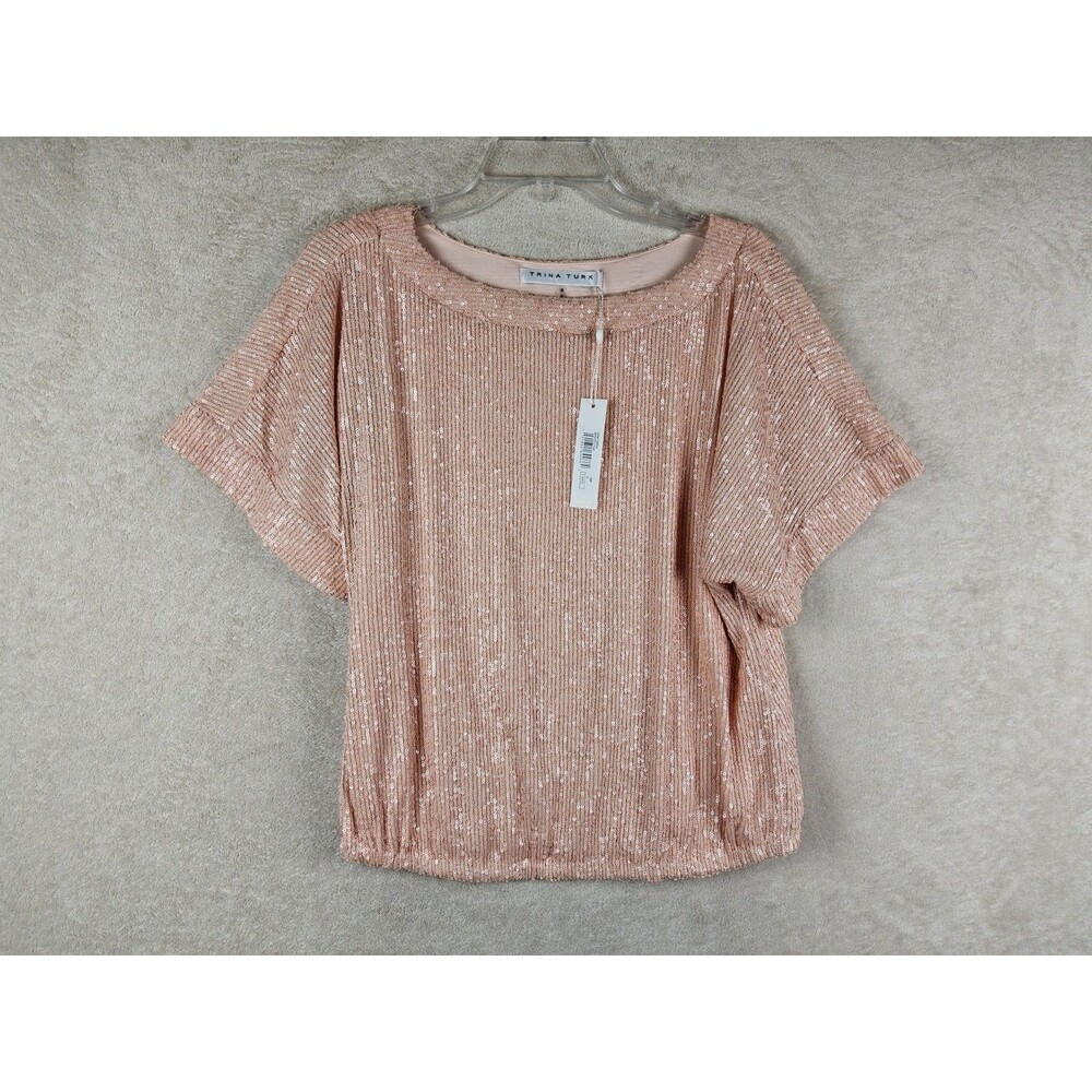 Trina Turk Women's Pink Sequins Short Sleeve Blouse Top Size S
